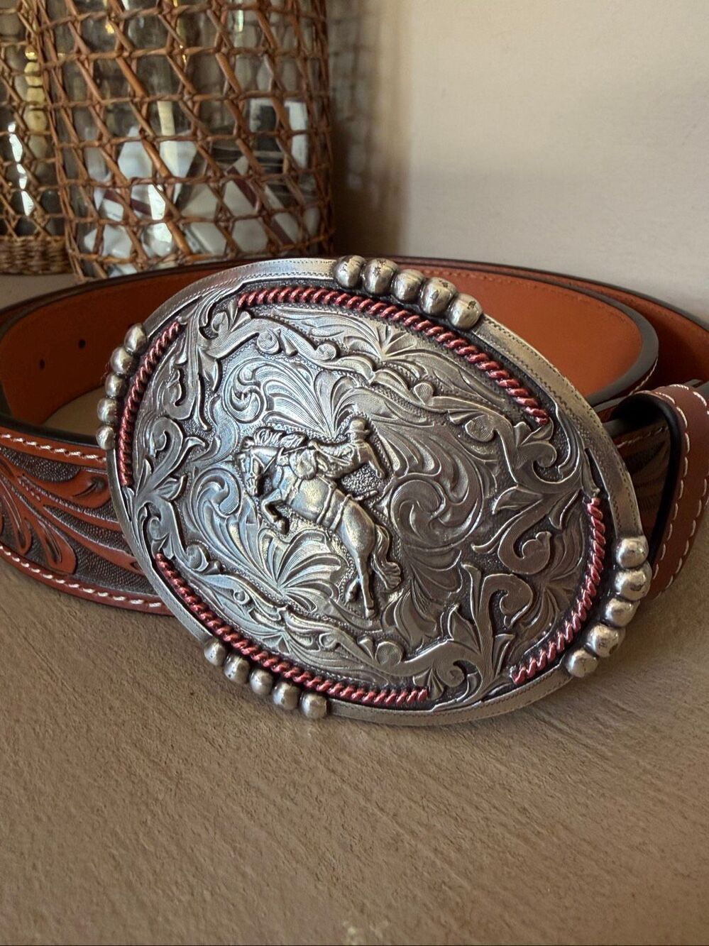 NWOT leather tooled western belt. Size 42
